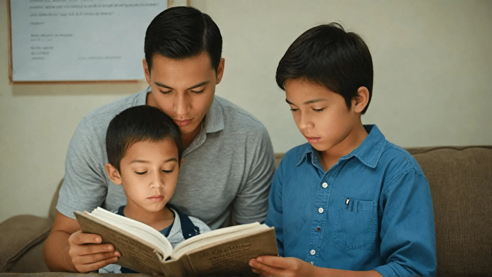 Family reading from a book